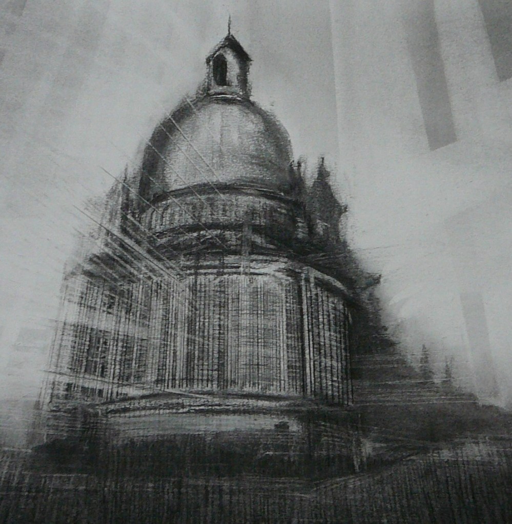 Charcoal drawing of a cathedral emitting rays of light.
Houstkool tekening van een kathedraal die lichtstralen uitstruurt.