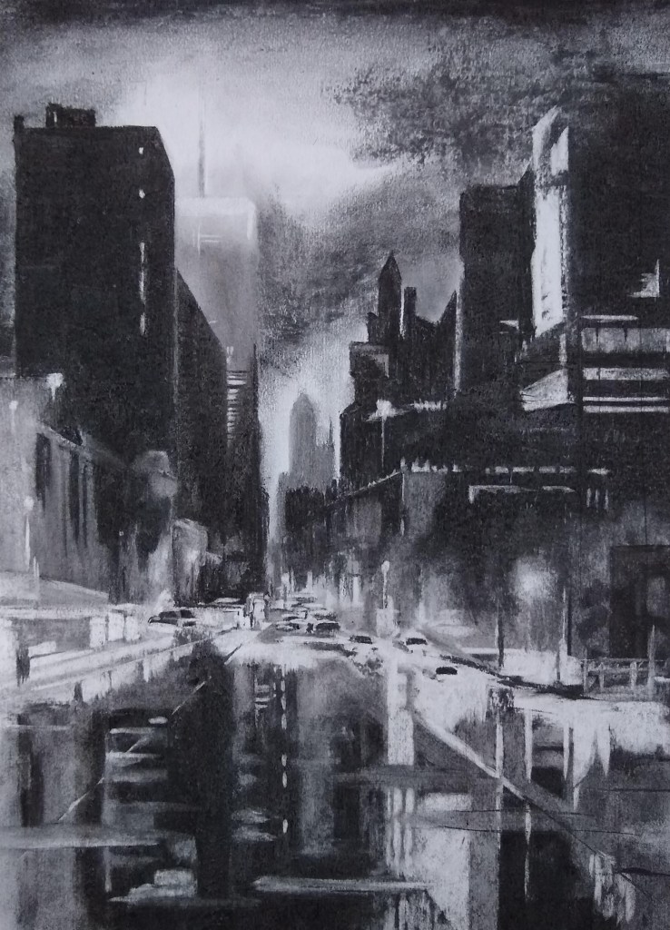 Charcoal drawing of a cityscape.
Houtskool tekening van een stadslandschap.
