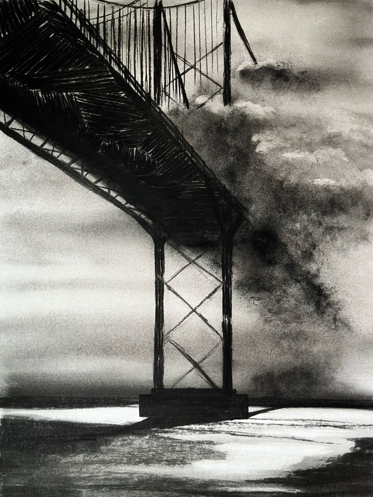 The Bridge - Charcoal drawing of a bridge ending in a misty cloud.
The Bridge - Houtskool tekening van een hangbrug eindigend in een mistige wolk.